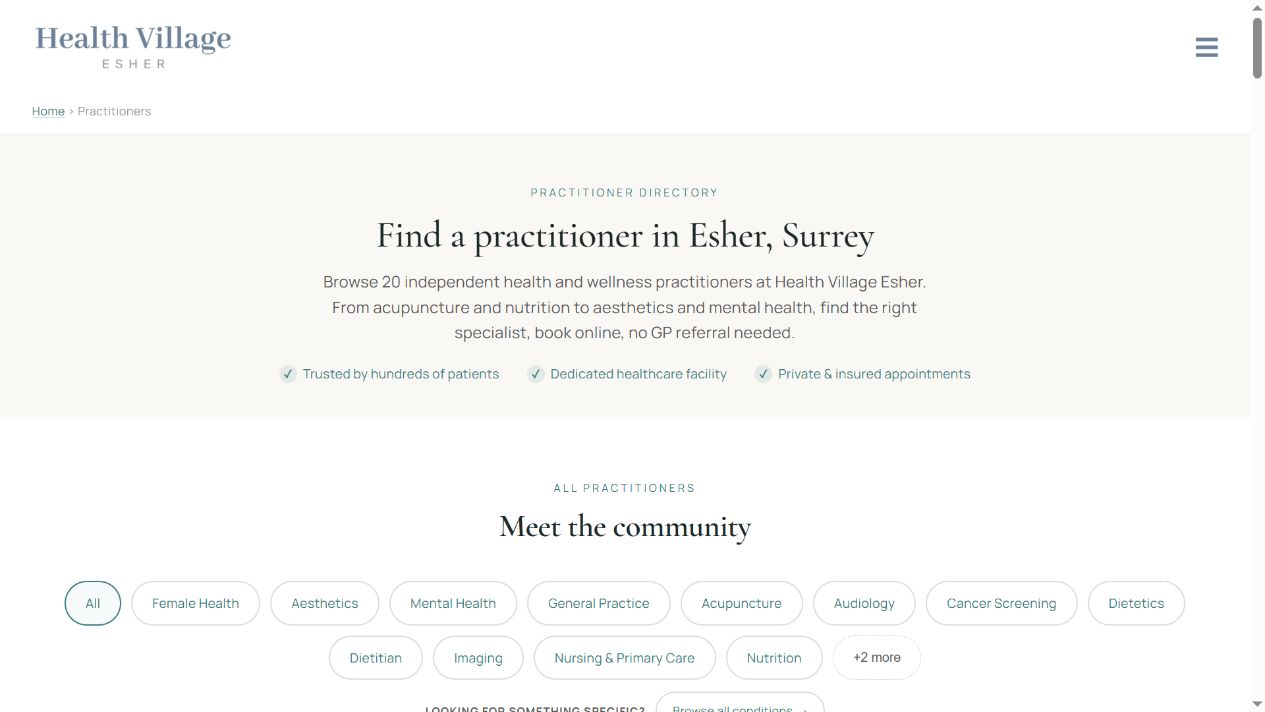 Health Village’s live practitioner directory, with specialism filters and a condition browsing route.